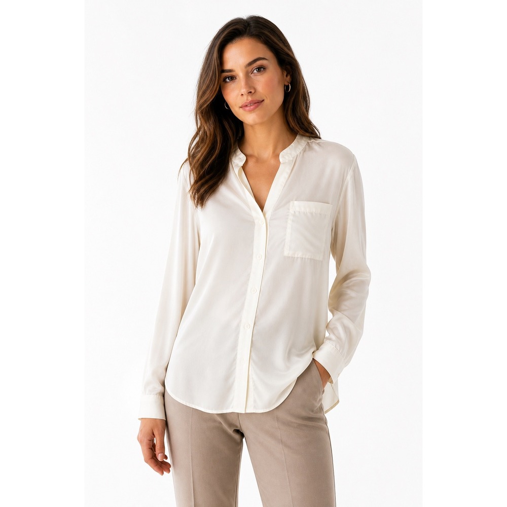 Acrobat 100% Silk Ivory Button Down Blouse Size L Sheer Minimal Office Chic